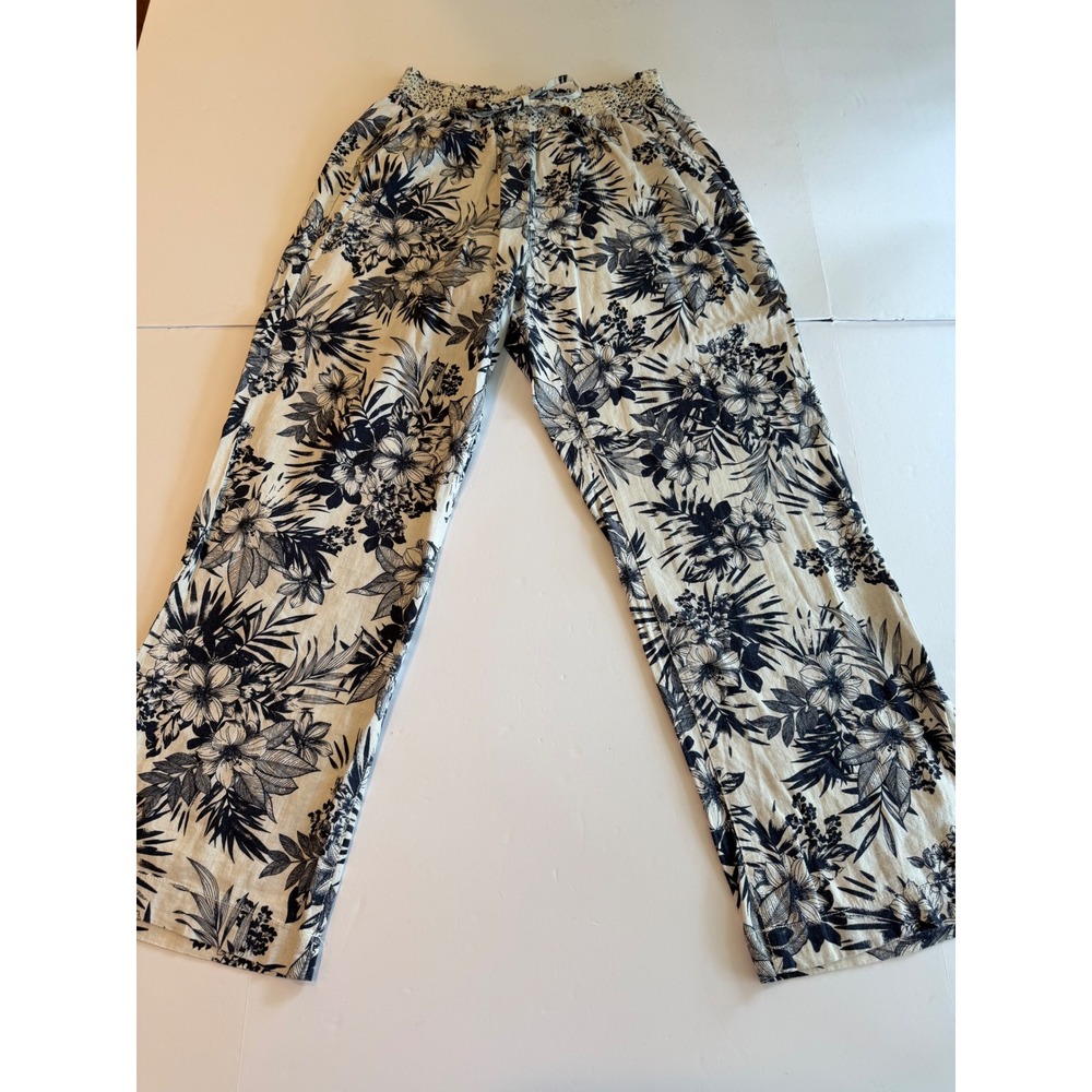 Beau Dawson Navy Cream Floral Wide Leg Smocked Waist Pants Tropical Summer L